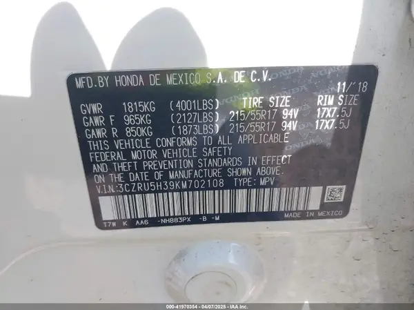 3CZRU5H39KM702108 2019 HONDA HR-V - Image 8