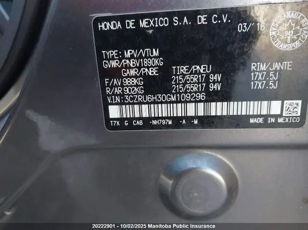 3CZRU6H30GM109296 2016 HONDA HR-V - Image 8