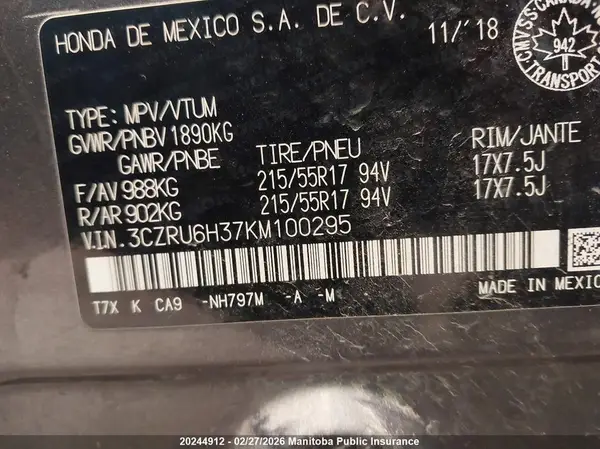 3CZRU6H37KM100295 2019 HONDA HR-V - Image 8