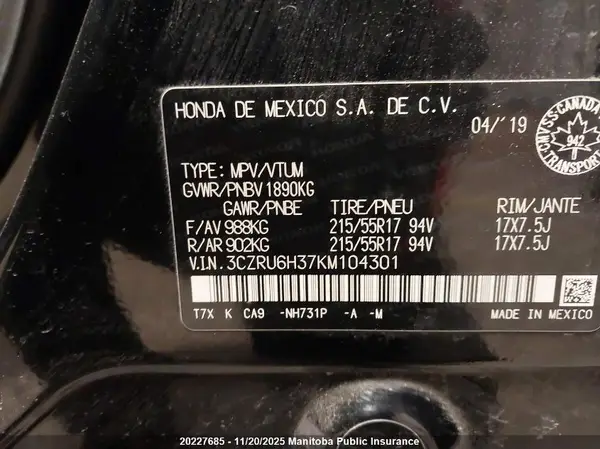 3CZRU6H37KM104301 2019 HONDA HR-V - Image 8