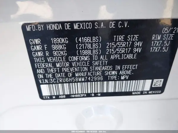 3CZRU6H58MM742996 2021 HONDA HR-V - Image 8
