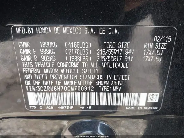 3CZRU6H70GM700912 2016 HONDA HR-V - Image 8