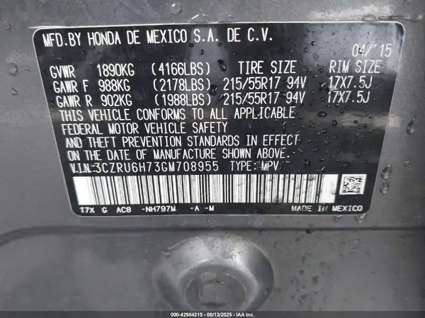 3CZRU6H73GM708955 2016 HONDA HR-V - Image 8