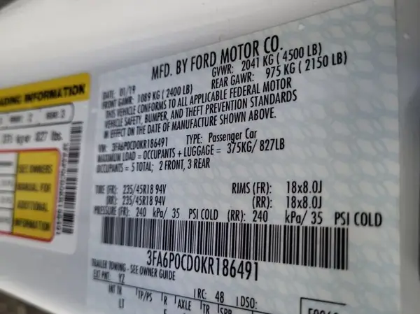 3FA6P0CD0KR186491 2019 FORD FUSION - Image 2