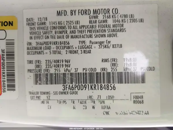3FA6P0D91KR184856 2019 FORD FUSION - Image 8