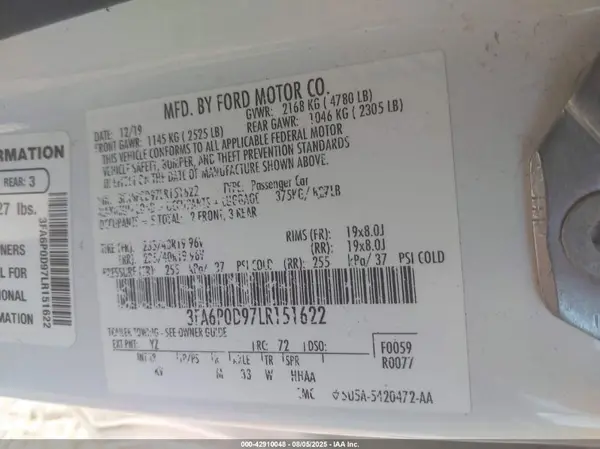 3FA6P0D97LR151622 2020 FORD FUSION - Image 8