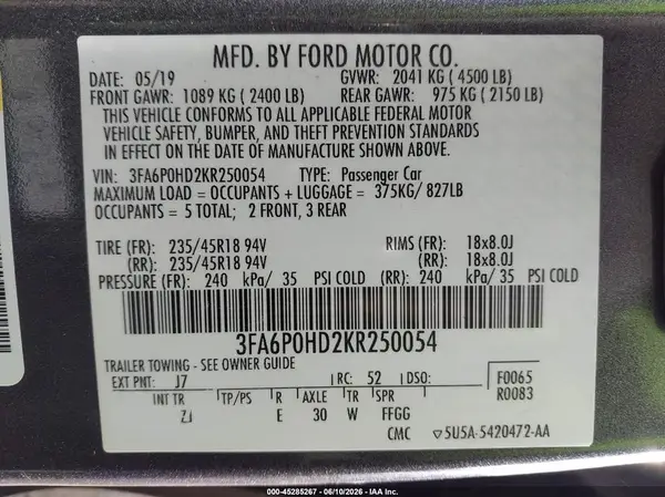 3FA6P0HD2KR250054 2019 FORD FUSION - Image 8