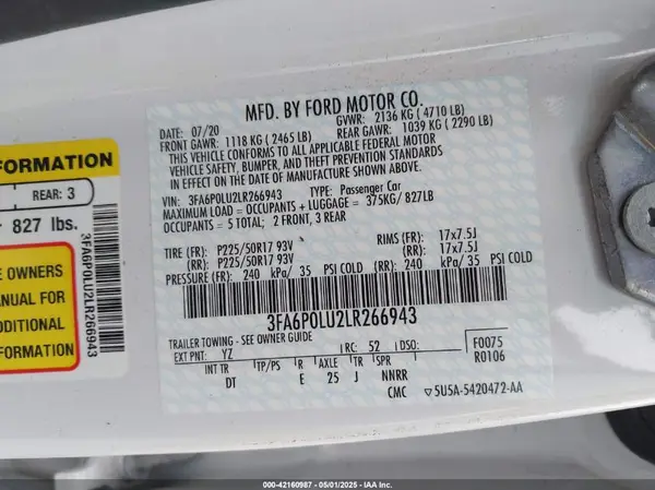 3FA6P0LU2LR266943 2020 FORD FUSION - Image 8