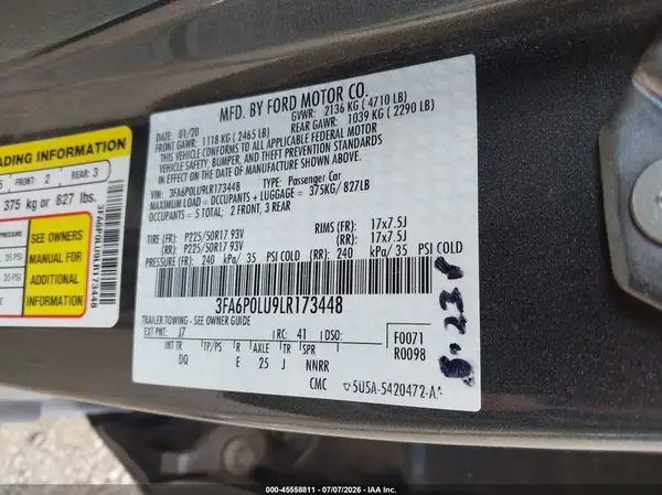 3FA6P0LU9LR173448 2020 FORD FUSION - Image 8
