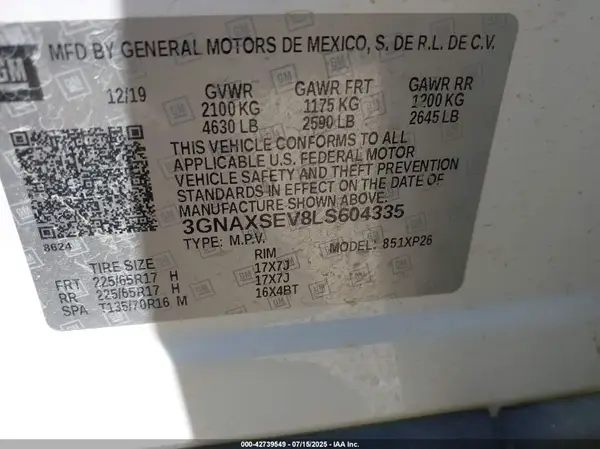 3GNAXSEV8LS604335 2020 CHEVROLET EQUINOX - Image 8