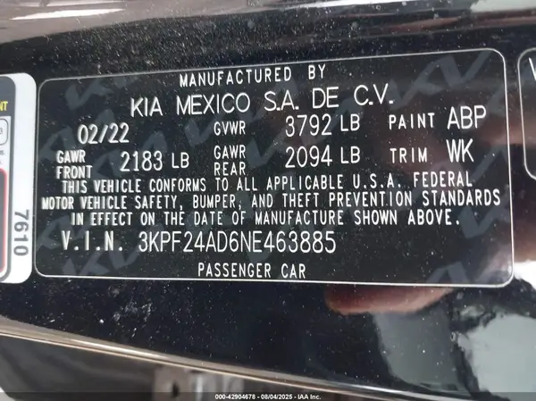 3KPF24AD6NE463885 2022 KIA FORTE - Image 8