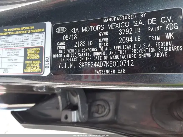 3KPF24AD7KE010712 2019 KIA FORTE - Image 8
