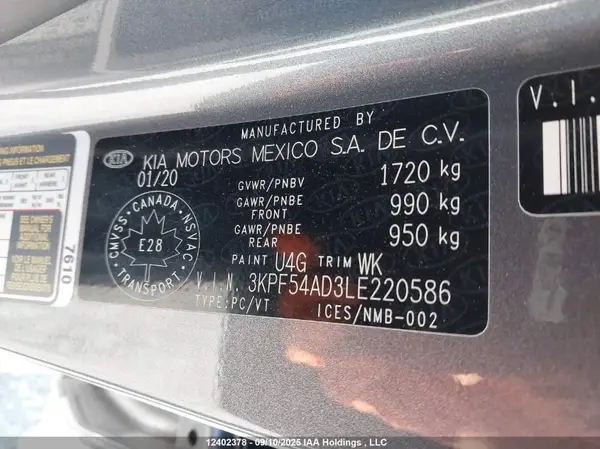 3KPF54AD3LE220586 2020 KIA FORTE - Image 8