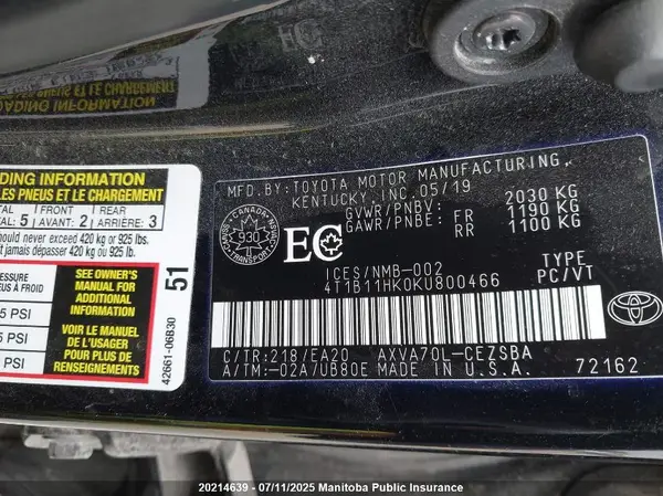 4T1B11HK0KU800466 2019 TOYOTA CAMRY - Image 8