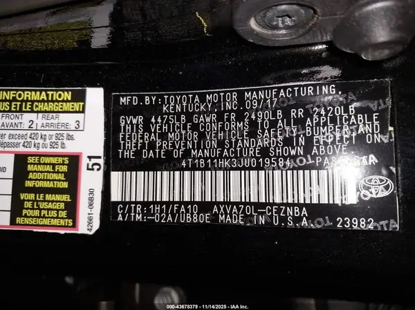 4T1B11HK3JU019584 2018 TOYOTA CAMRY - Image 8