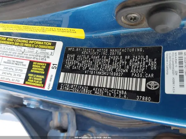 4T1B11HK5KU169827 2019 TOYOTA CAMRY - Image 8