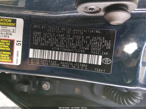 4T1B11HK6KU733789 2019 TOYOTA CAMRY - Image 8