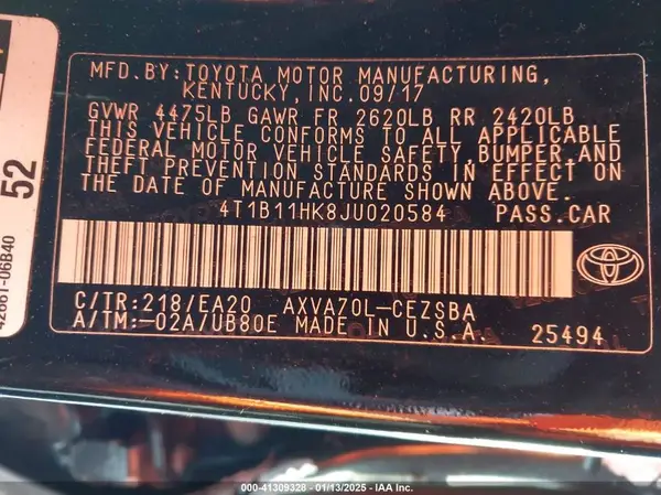 4T1B11HK8JU020584 2018 TOYOTA CAMRY - Image 8