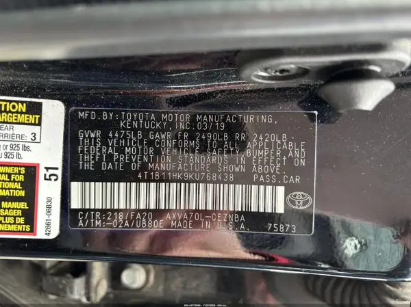 4T1B11HK9KU768438 2019 TOYOTA CAMRY - Image 8