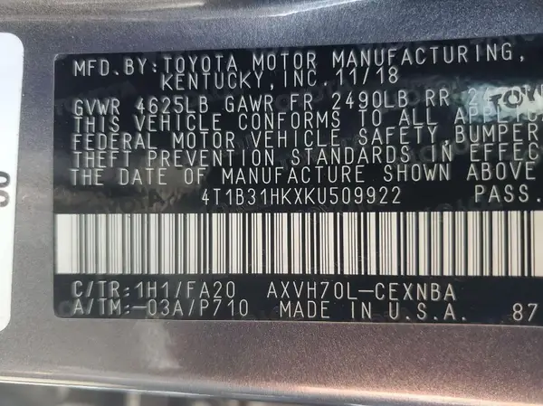 4T1B31HKXKU509922 2019 TOYOTA CAMRY - Image 1