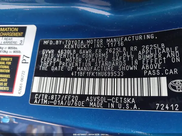 4T1BF1FK1HU699533 2017 TOYOTA CAMRY - Image 8
