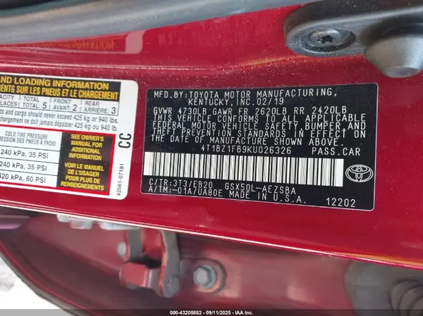 4T1BZ1FB9KU026326 2019 TOYOTA AVALON - Image 8
