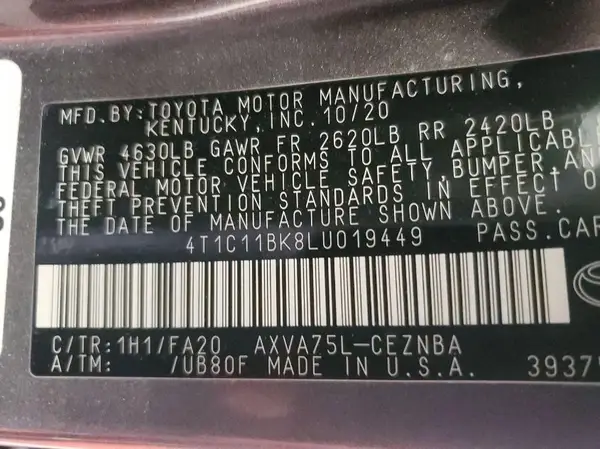 4T1C11BK8LU019449 2020 TOYOTA CAMRY - Image 2