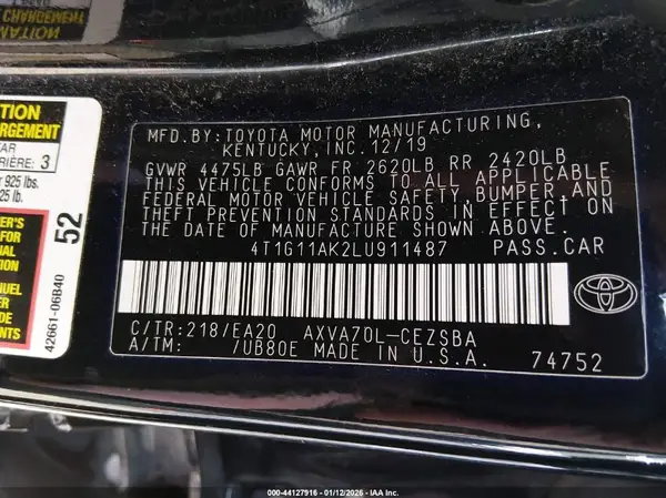 4T1G11AK2LU911487 2020 TOYOTA CAMRY - Image 8