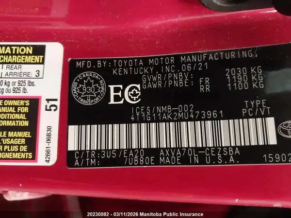 4T1G11AK2MU473961 2021 TOYOTA CAMRY - Image 8