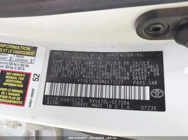 4T1G11AK5MU411227 2021 TOYOTA CAMRY - Image 8
