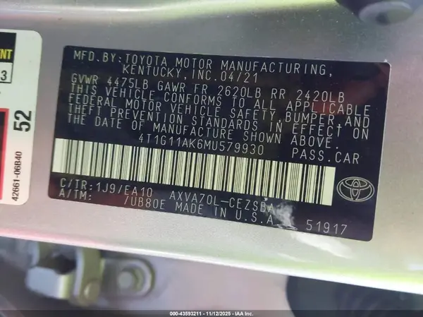 4T1G11AK6MU579930 2021 TOYOTA CAMRY - Image 8