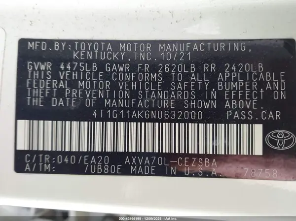 4T1G11AK6NU632000 2022 TOYOTA CAMRY - Image 8