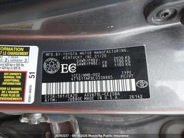 4T1G11AK8LU338885 2020 TOYOTA CAMRY - Image 8