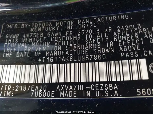 4T1G11AK8LU957860 2020 TOYOTA CAMRY - Image 8