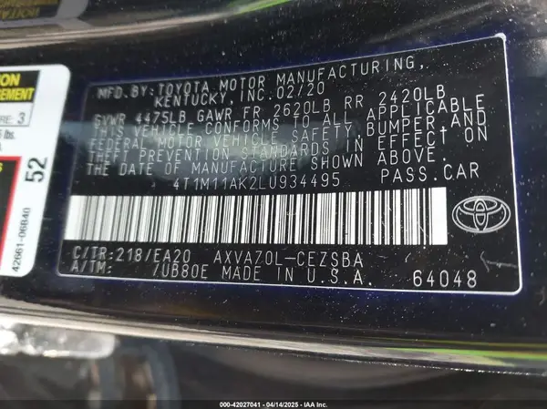 4T1M11AK2LU934495 2020 TOYOTA CAMRY - Image 8