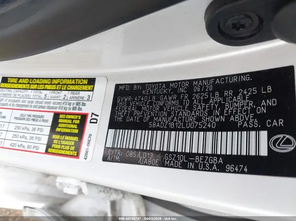 58ADZ1B12LU075240 2020 LEXUS ES - Image 8