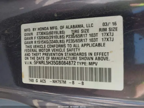 5FNRL5H35GB084872 2016 HONDA ODYSSEY - Image 8