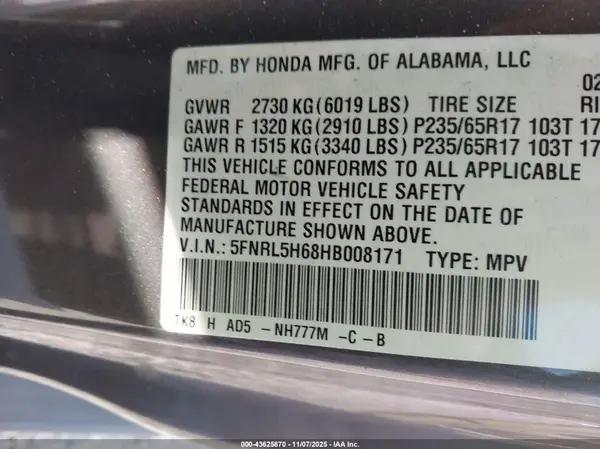 5FNRL5H68HB008171 2017 HONDA ODYSSEY - Image 8