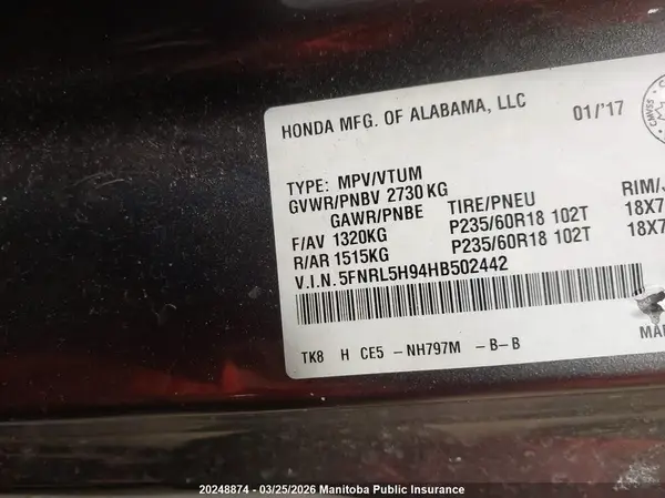 5FNRL5H94HB502442 2017 HONDA ODYSSEY - Image 8