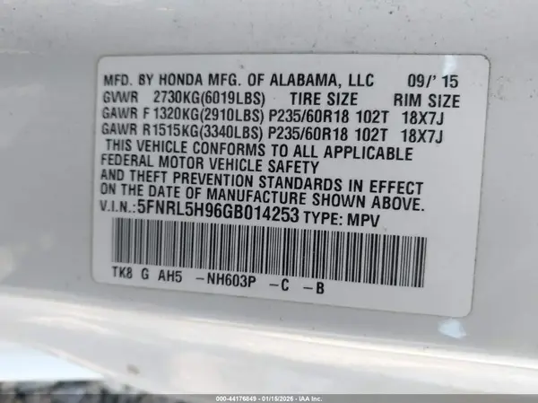 5FNRL5H96GB014253 2016 HONDA ODYSSEY - Image 8