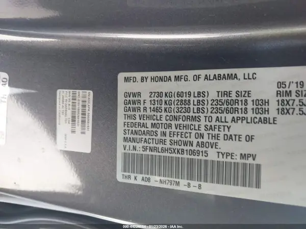 5FNRL6H5XKB106915 2019 HONDA ODYSSEY - Image 8