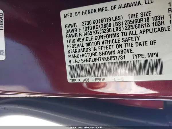 5FNRL6H74KB057731 2019 HONDA ODYSSEY - Image 8