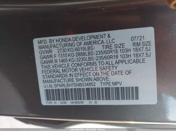 5FNRL6H75NB034852 2022 HONDA ODYSSEY - Image 8