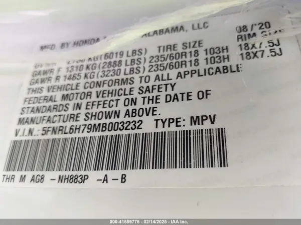 5FNRL6H79MB003232 2021 HONDA ODYSSEY - Image 8