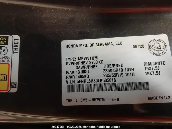 5FNRL6H80LB505618 2020 HONDA ODYSSEY - Image 8