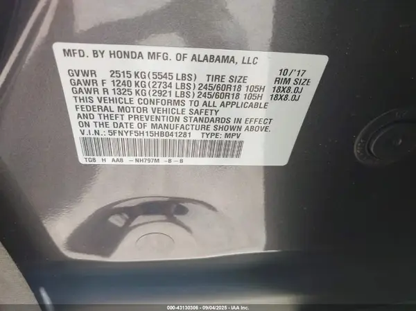 5FNYF5H15HB041281 2017 HONDA PILOT - Image 8