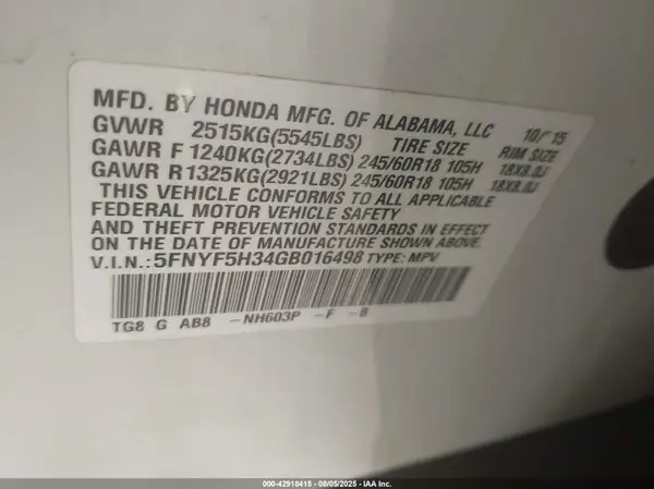 5FNYF5H34GB016498 2016 HONDA PILOT - Image 8