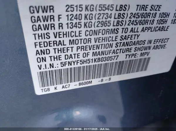 5FNYF5H51KB030577 2019 HONDA PILOT - Image 8
