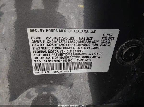 5FNYF5H99HB003901 2017 HONDA PILOT - Image 8