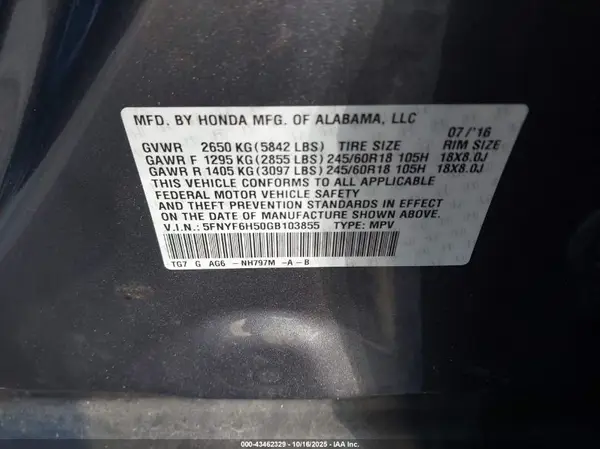 5FNYF6H50GB103855 2016 HONDA PILOT - Image 8